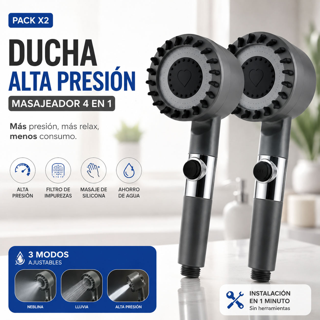 Pack 2 Cabezales Ducha Alta Presion